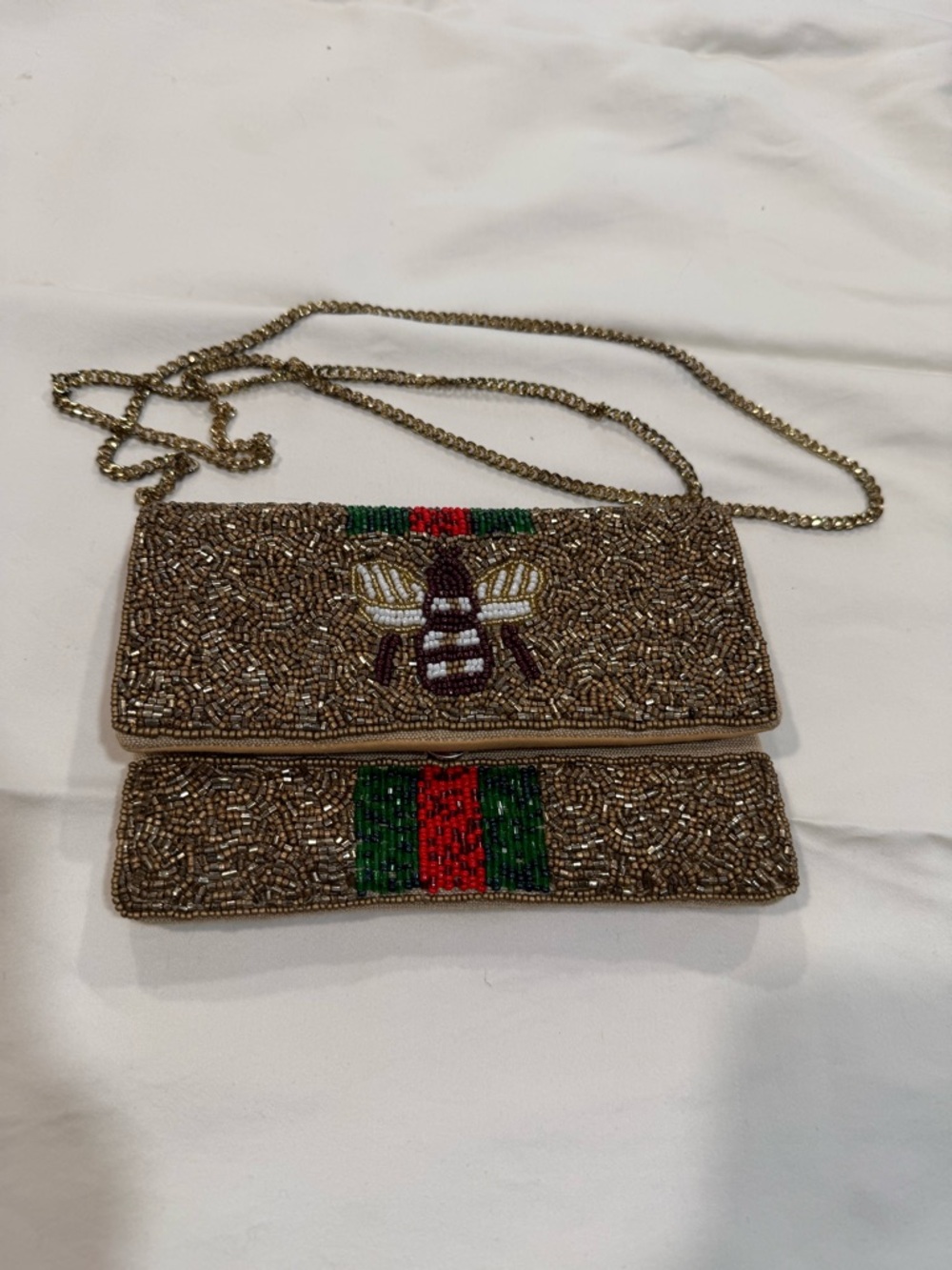Beaded Gold Bee Crossbody Bag with Red & Green Accent by Shirlee